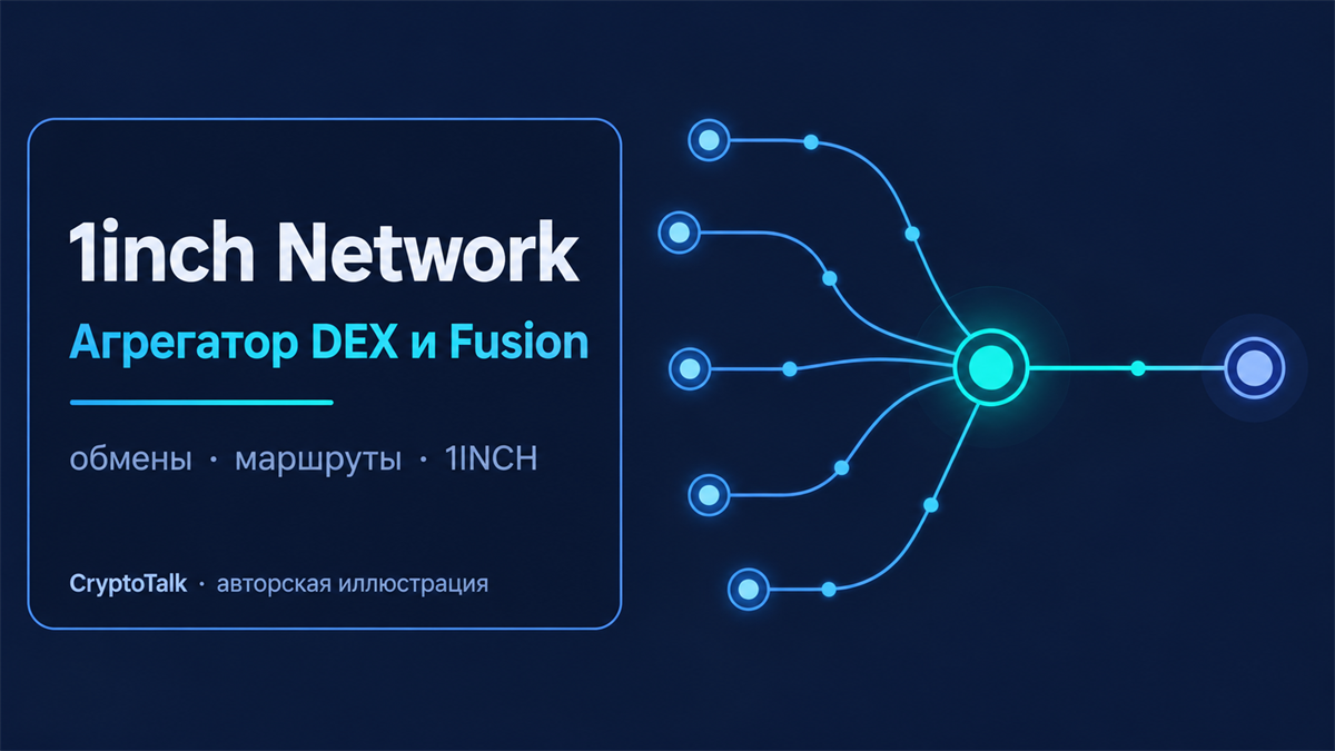 Обложка обзора 1inch Network об агрегаторе DEX, Fusion, маршрутах обмена и токене 1INCH; авторская иллюстрация CryptoTalk