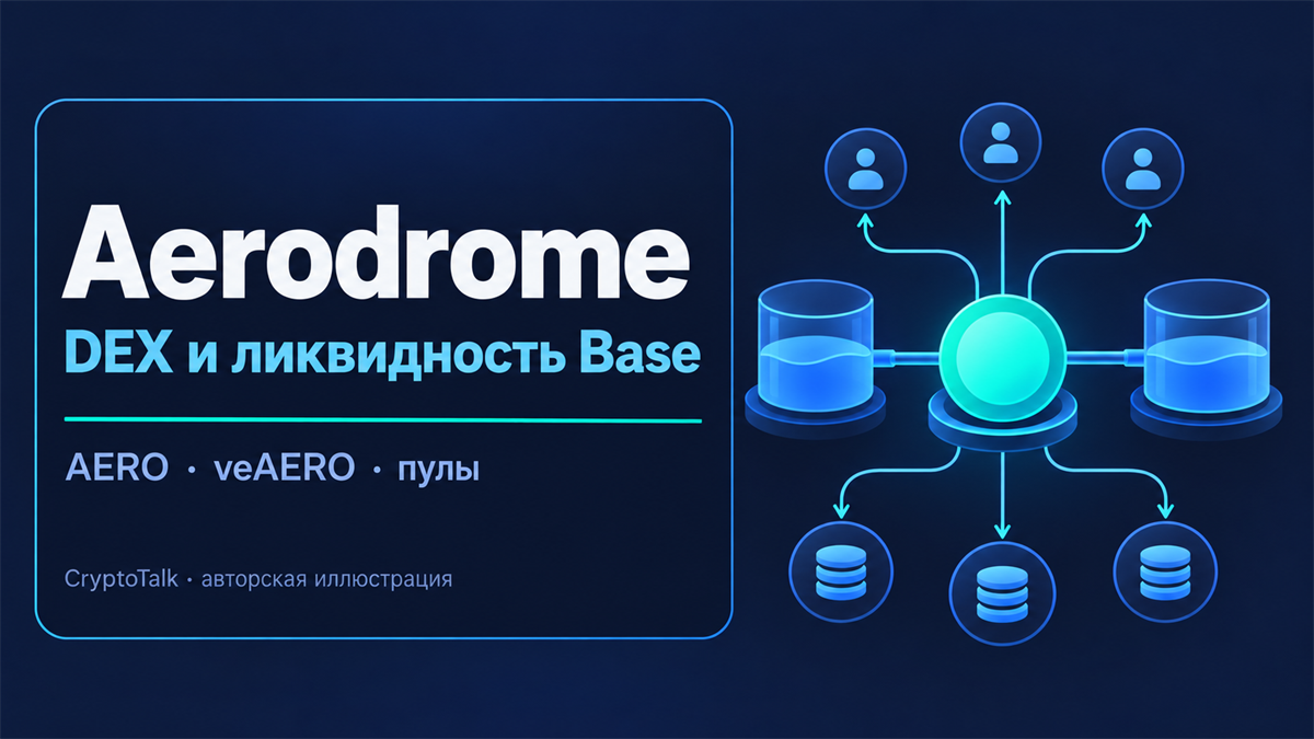 Обложка обзора Aerodrome Finance о DEX на Base, токене AERO, голосовании veAERO и пулах; авторская иллюстрация CryptoTalk