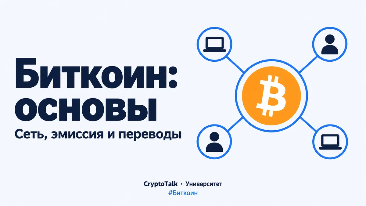 Символ BTC соединён линиями с узлами распределённой сети.