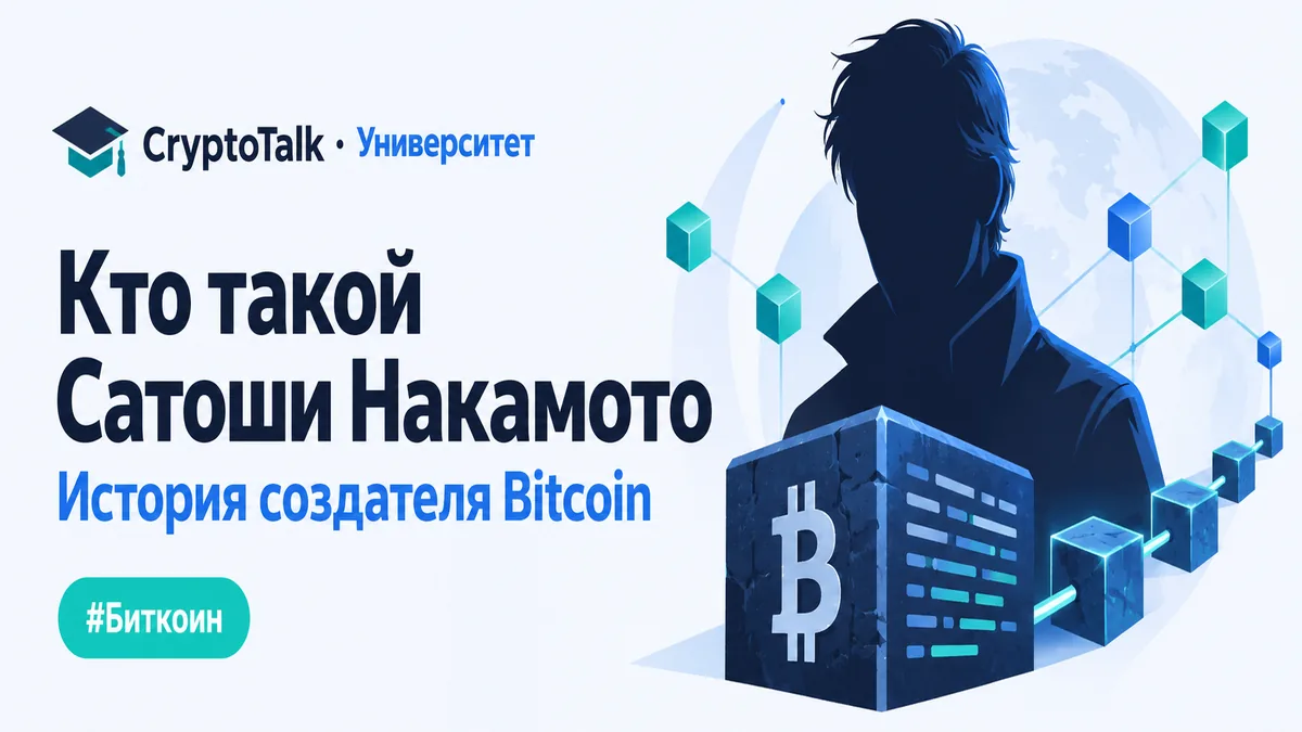 Обложка о Сатоши Накамото: анонимный силуэт рядом с генезис-блоком и сетью Bitcoin.