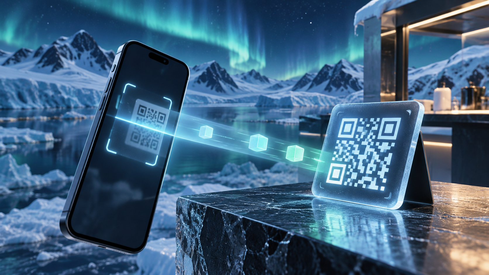 Редакционная иллюстрация QR-оплаты смартфоном в Антарктике