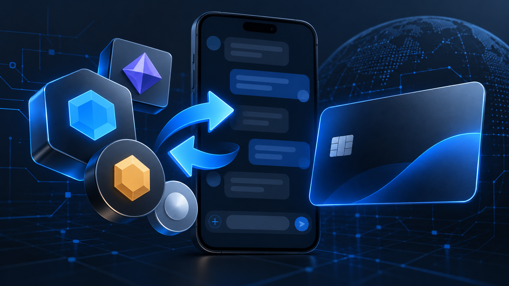 Иллюстрация Telegram-кошелька MaxSwap с обменом криптоактивов и виртуальной картой