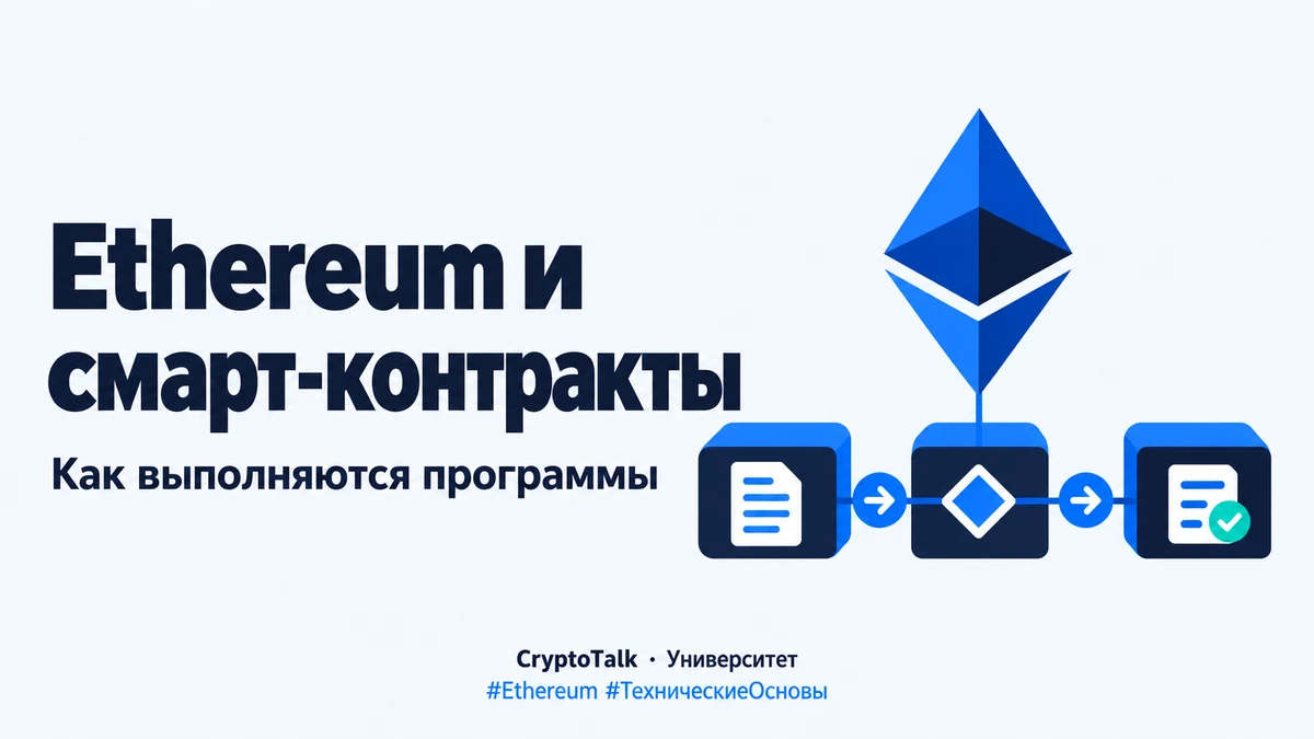 Знак Ethereum над схемой вызова смарт-контракта: входные данные проходят проверку и дают результат.