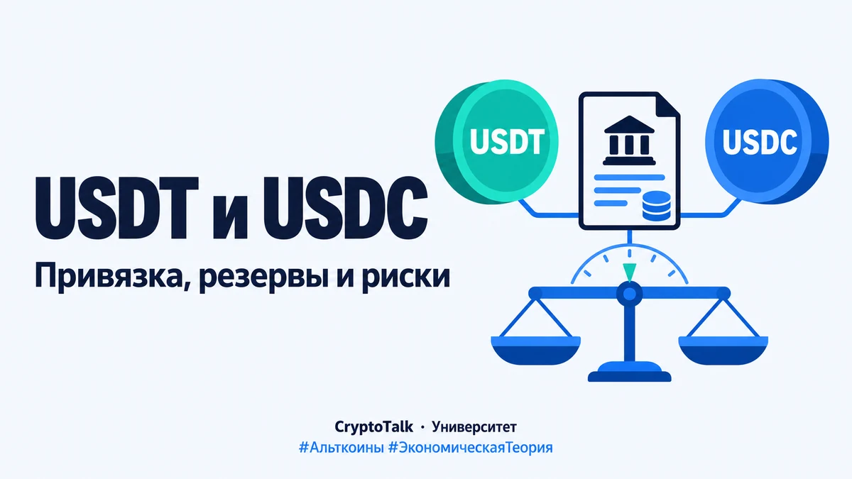 Символы USDT и USDC соединены с документом резервов и весами, показывающими целевую привязку.