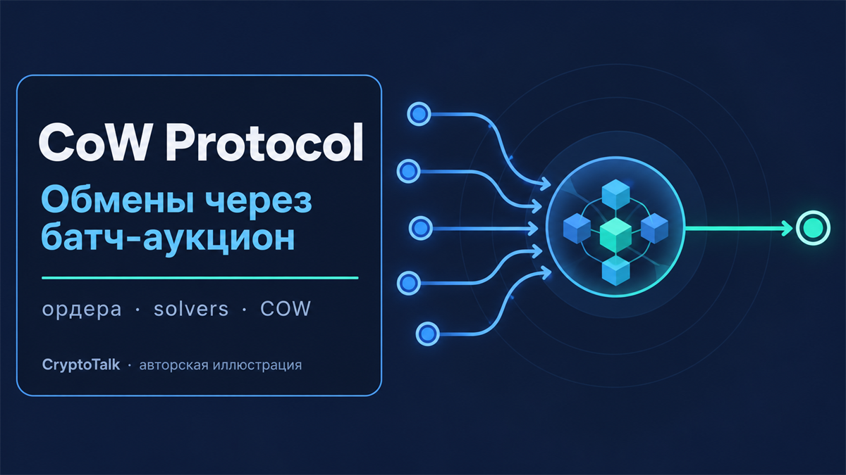 Обложка обзора CoW Protocol о батч-аукционах, solvers, ордерах и токене COW; авторская иллюстрация CryptoTalk