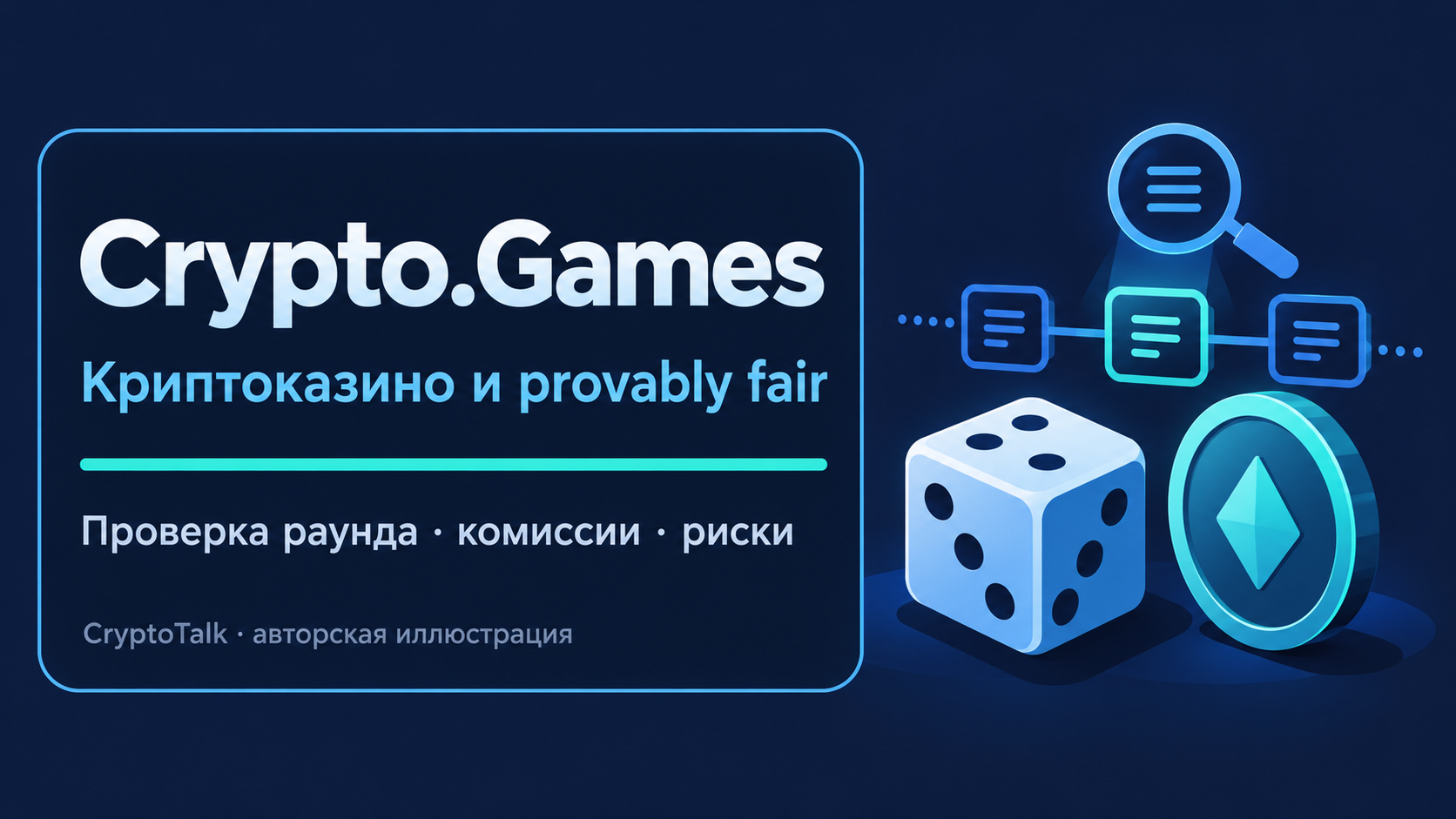 Обложка обзора Crypto.Games о provably fair, комиссиях, платежах и рисках казино.