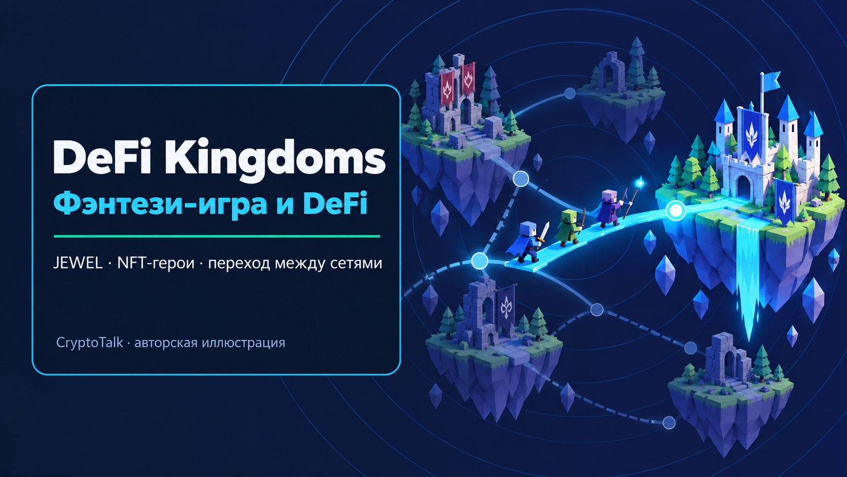 Обложка обзора DeFi Kingdoms о фэнтези-игре, DEX, JEWEL, NFT-героях и переходе между сетями.