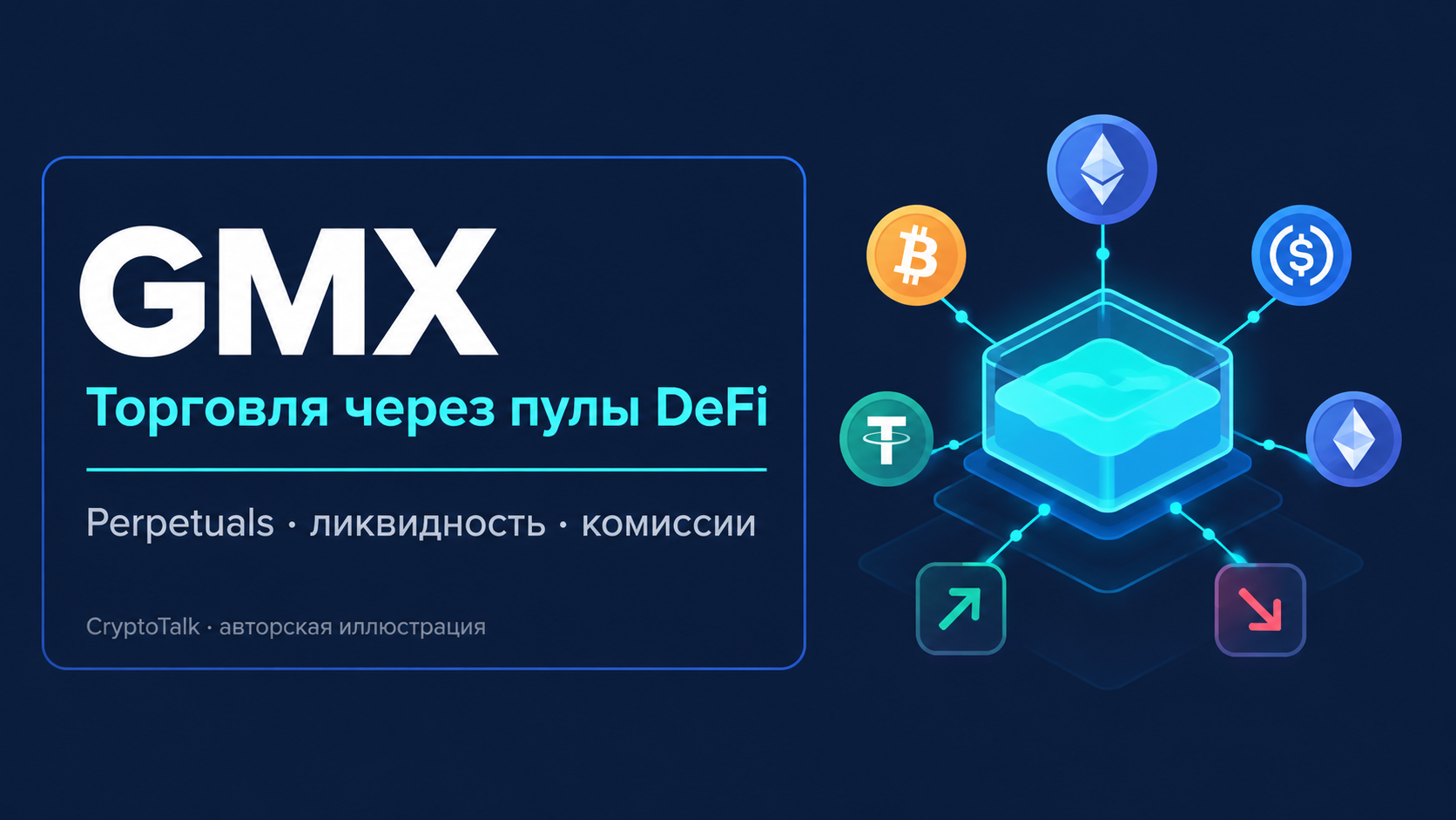 Обложка обзора GMX о perpetuals, пулах ликвидности и комиссиях.