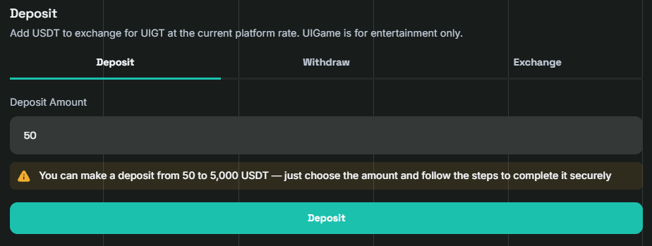 Форма пополнения UIGame с указанными пределами в USDT