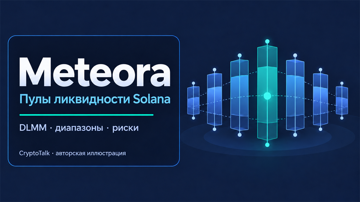 Обложка обзора Meteora о DLMM, пулах ликвидности и рисках на Solana; авторская иллюстрация CryptoTalk