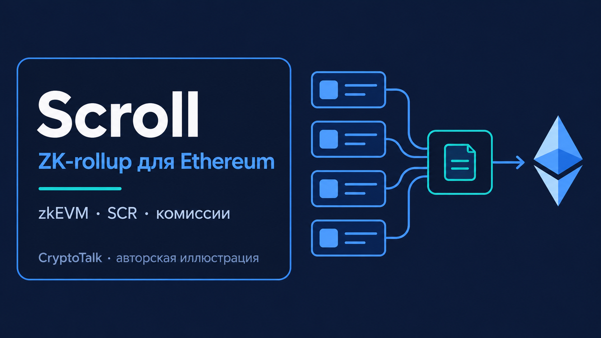 Обложка обзора Scroll о ZK-rollup Ethereum, токене SCR и комиссиях; авторская иллюстрация CryptoTalk