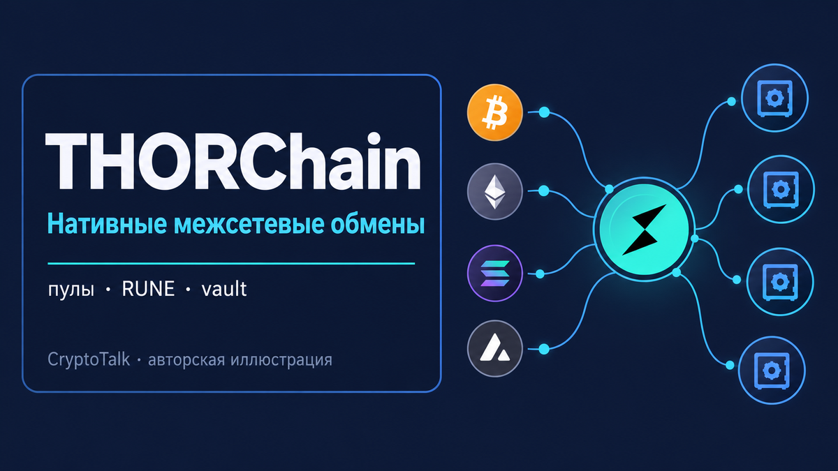 Обложка обзора THORChain о межсетевых обменах нативных активов, пулах, RUNE и vault; авторская иллюстрация CryptoTalk