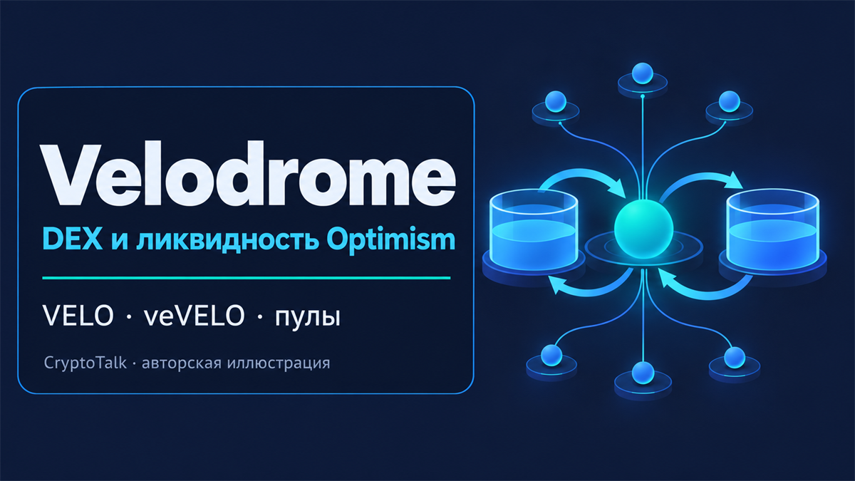 Обложка обзора Velodrome Finance о DEX в Optimism, токене VELO, голосовании veVELO и пулах; авторская иллюстрация CryptoTalk